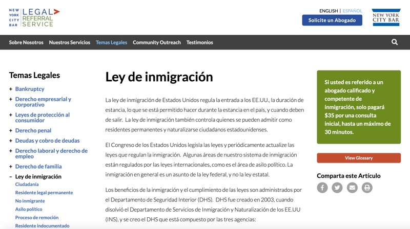 NYC Bar Legal Referral Service website screenshot